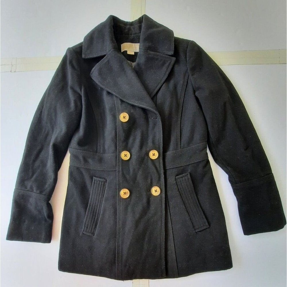 Michael Kors Womens black wool blend button front long winter pea Coat size 4